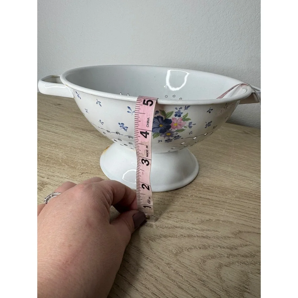 Vintage Floral Enamel Colander White Footed‎ Strainer Farmhouse Cottage 9.5 Inch